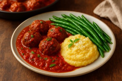 assiette boulettes bœuf polenta et haricots verts